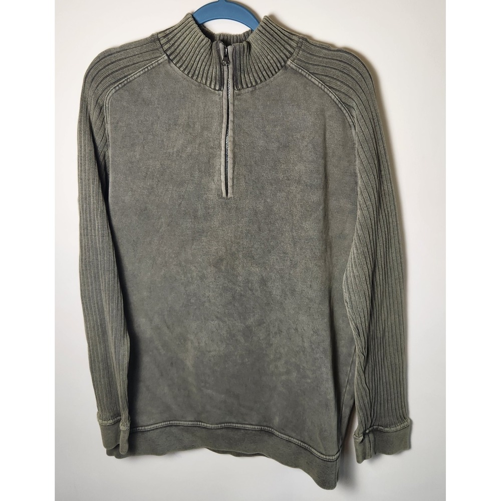Retrofit‎ Quarter Zip Sweater Men's L Green Ribbed Sleeves Knit Pullover
